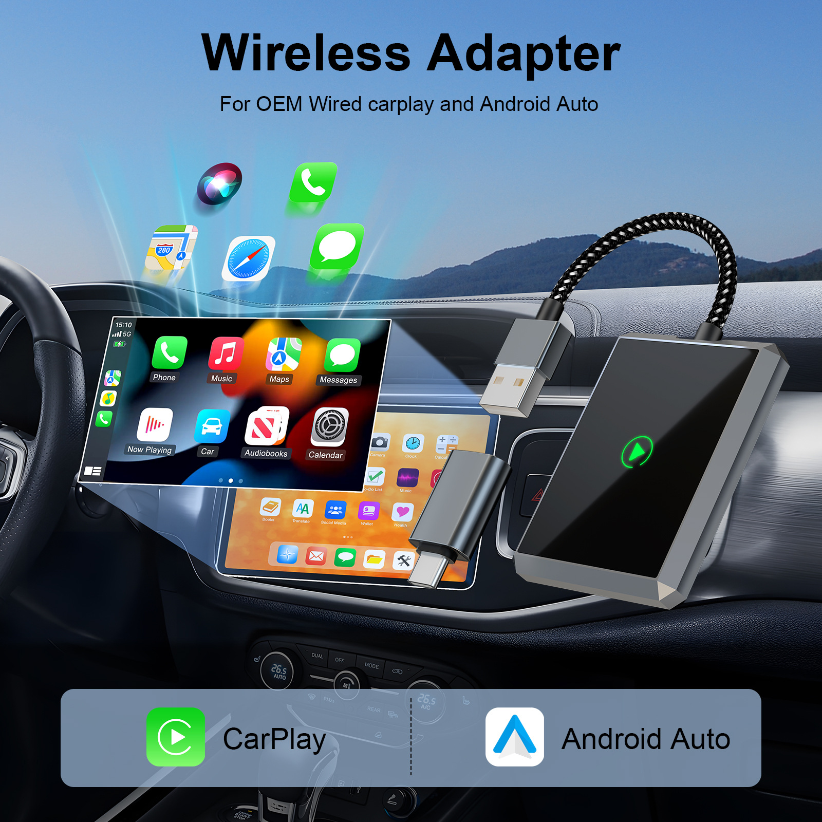 跨境carplay盒子有线转无线苹果carplay安卓auto车载车机互联盒子